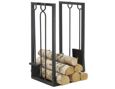 Porte-bûches + 4 accessoires de cheminée en métal noir