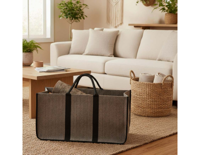 Sac à bûches en toile de jute (Anses noires)
