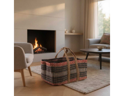 Sac à bûches en toile de jute épaisse Pampa (Taupe et rouge)