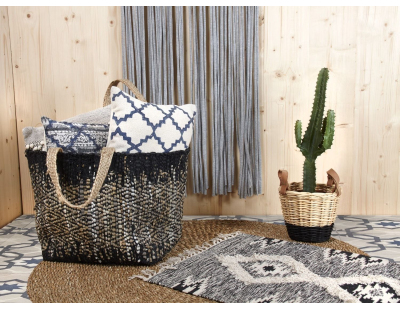 Sac de rangement en jute et cuir (Noir)