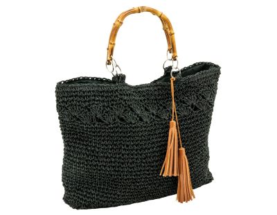 Sac tressé noir avec anse en bambou