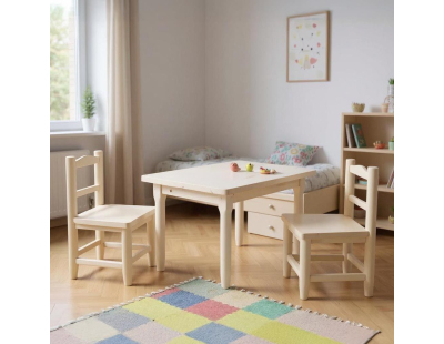 Salon enfant 1 table 2 chaises en pin blanchi