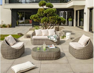 Salon de jardin bas 5 places en résine tressée demi-ronde luxe Isa