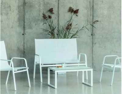 Salon de jardin détente en aluminium et textilène Avalon (Table basse plateau en HPL blanc)