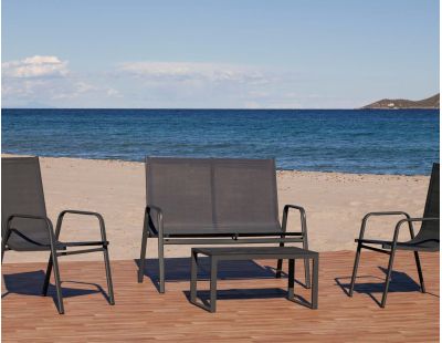 Salon de jardin détente en aluminium et textilène Avalon (Table basse plateau en HPL gris)