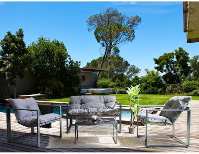Salon de jardin détente 4 pièces avec coussins Ajaccio (Coussins gris)