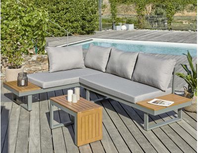 Salon de jardin modulable 4 places en bois d'acacia et aluminium Tokyo (Kaki)