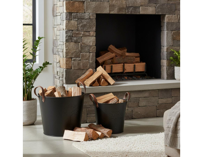 Seaux en métal noir et cuir (lot de 2)