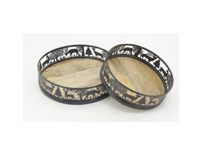 Plateaux ronds en métal et bois Cerf (lot de 2)