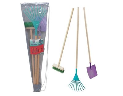 Set 3 outils de jardin enfant + sac de transport (Pelle + balai + râteau)