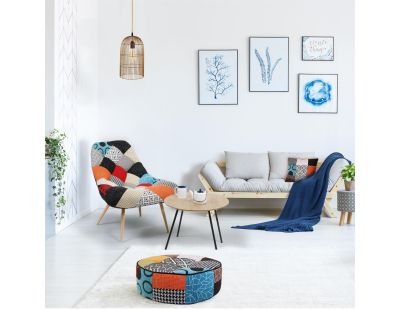 Set pouf rond patchwork 50 cm et coussin patchwork