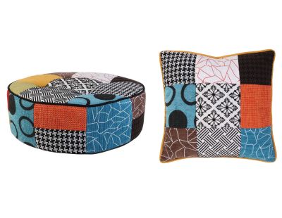 Set pouf rond patchwork 50 cm et coussin patchwork