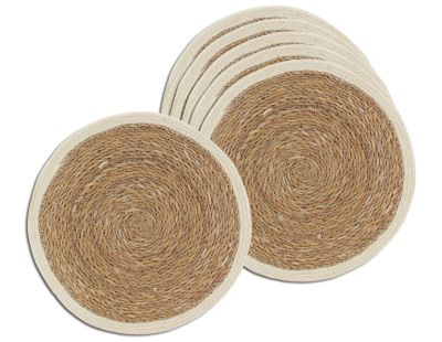 Sets de table ronds en jonc naturel et jute teinté (Lot de 6) (Naturel et blanc)