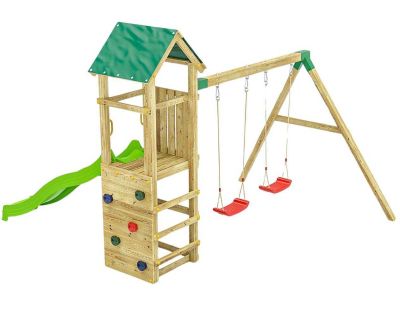 Structure de jeux en bois avec toboggan et balançoire double Charly