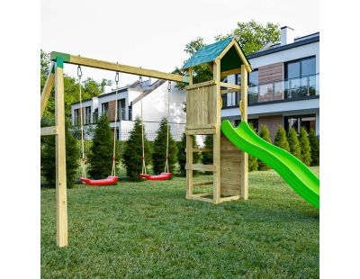 Structure de jeux en bois avec toboggan et balançoire double Charly