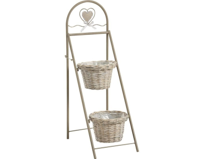 Jardinière 2 niveaux en métal beige et osier gris