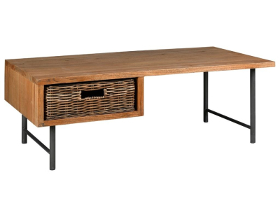 Table basse en bois, métal et rotin