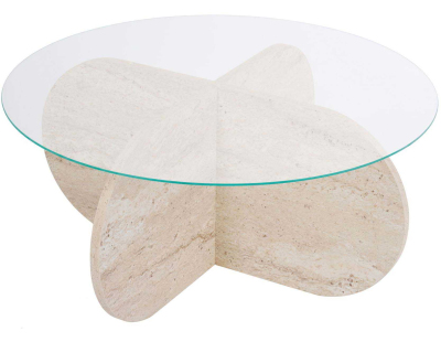 Table basse ronde en verre Aeris (Travertine, verre transparent)