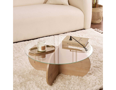 Table basse ronde en verre Aeris (Chêne, verre transparent)