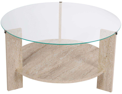 Table basse ronde en verre Clara (Travertine, verre transparent)