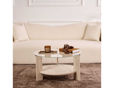 Table basse ronde en verre Clara (Travertine, verre transparent)