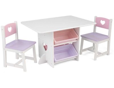 Table, chaises et bac rangement enfant en bois (Coeur)