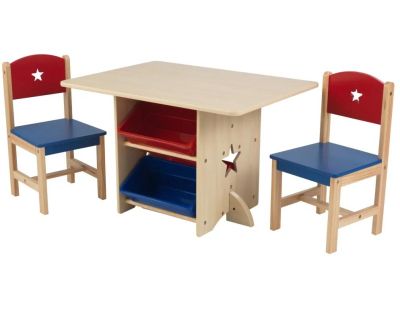 Table, chaises et bac rangement enfant en bois (Etoile)