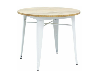 Table ronde industrielle en métal blanc et bois d'orme huilé