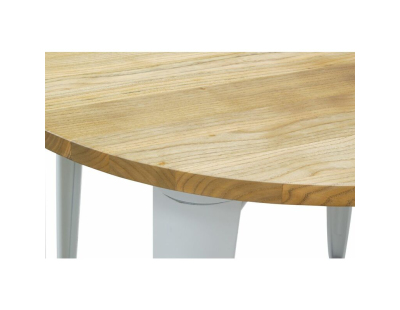Table ronde industrielle en métal blanc et bois d'orme huilé
