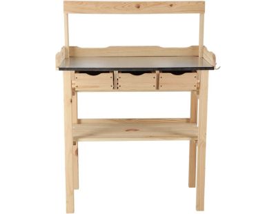 Table à rempoter en pin avec plateau zinc (3 tiroirs + étagère supérieure)