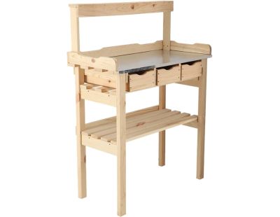 Table à rempoter en pin avec plateau zinc (3 tiroirs + étagère supérieure)