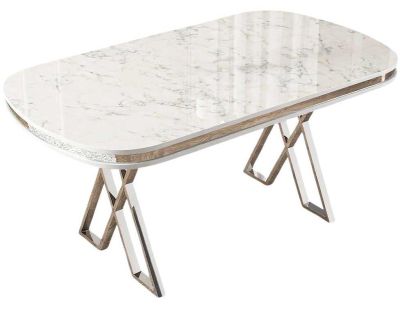 Table de repas ovale pieds en croix Zae (Blanc marbré et Chrome)