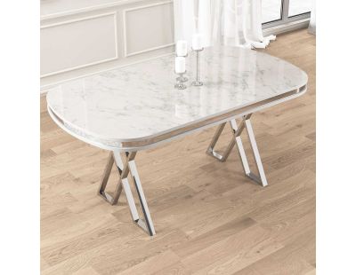 Table de repas ovale pieds en croix Zae (Blanc marbré et Chrome)