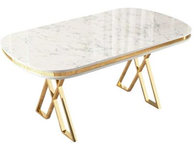 Table de repas ovale pieds en croix Zae (Blanc marbré et Doré)
