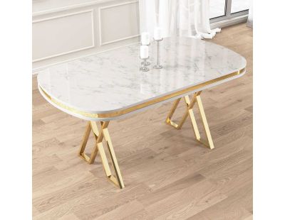 Table de repas ovale pieds en croix Zae (Blanc marbré et Doré)