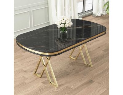 Table de repas ovale pieds en croix Zae (Noir marbré et Doré)