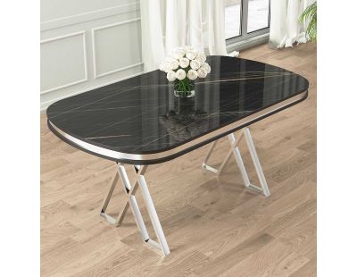 Table de repas ovale pieds en croix Zae (Noir marbré et Chrome)