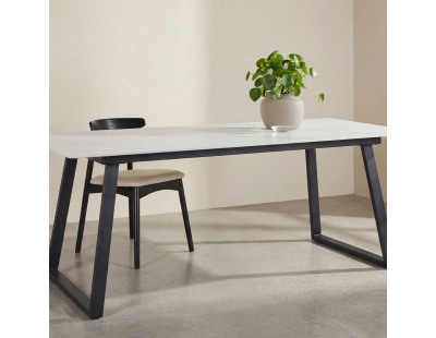 Table de repas 200 x 90 cm en pierre frittée Estelle (Blanc)
