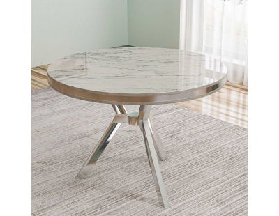 Table de repas ronde pieds métal Mos (Blanc marbré et Chrome)