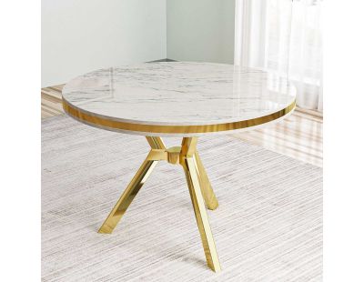 Table de repas ronde pieds métal Mos (Blanc marbré et Doré)