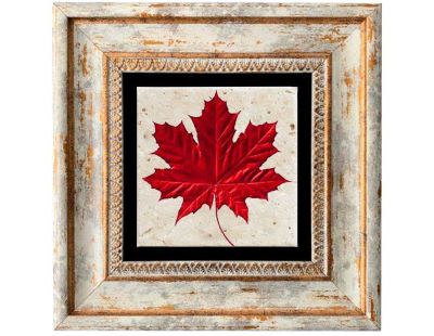 Tableau décoratif en bois et métal 20 x 20 cm (Feuille rouge)