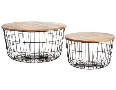 Tables basses en métal noir et bois naturel (Lot de 2)