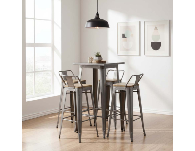Tabouret de bar en métal et bois d'orme huilé (Acier brossé)