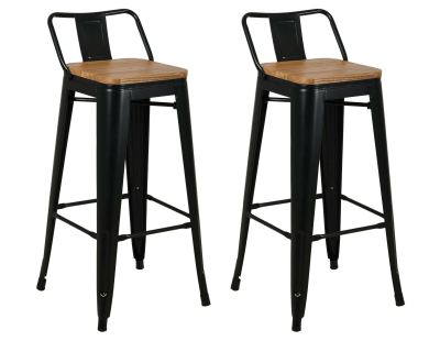 Tabouret de bar en métal laqué et bois d'orme huilé (Lot de 2) (Noir)