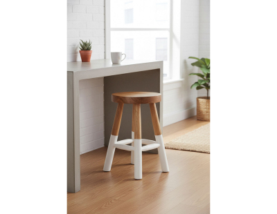 Tabouret bas rond en teck massif naturel et blanc Arden