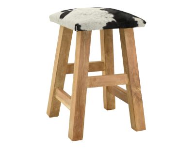Tabouret carré en bois recyclé et peau de vache