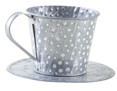 Tasse en métal gris avec pois blancs