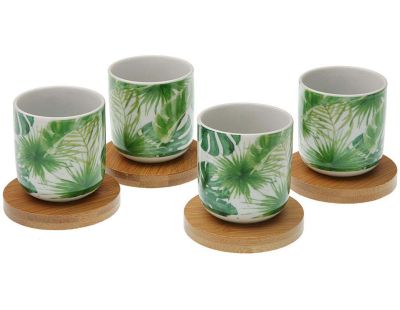 Tasse en porcelaine avec support en bambou Hojas (Lot de 4)