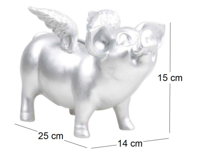 Tirelire cochon avec ailes en résine 14 x 25 x 15 cm (Argent)