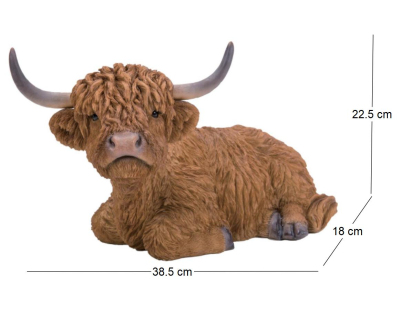 Vache highland assise en résine 22 cm